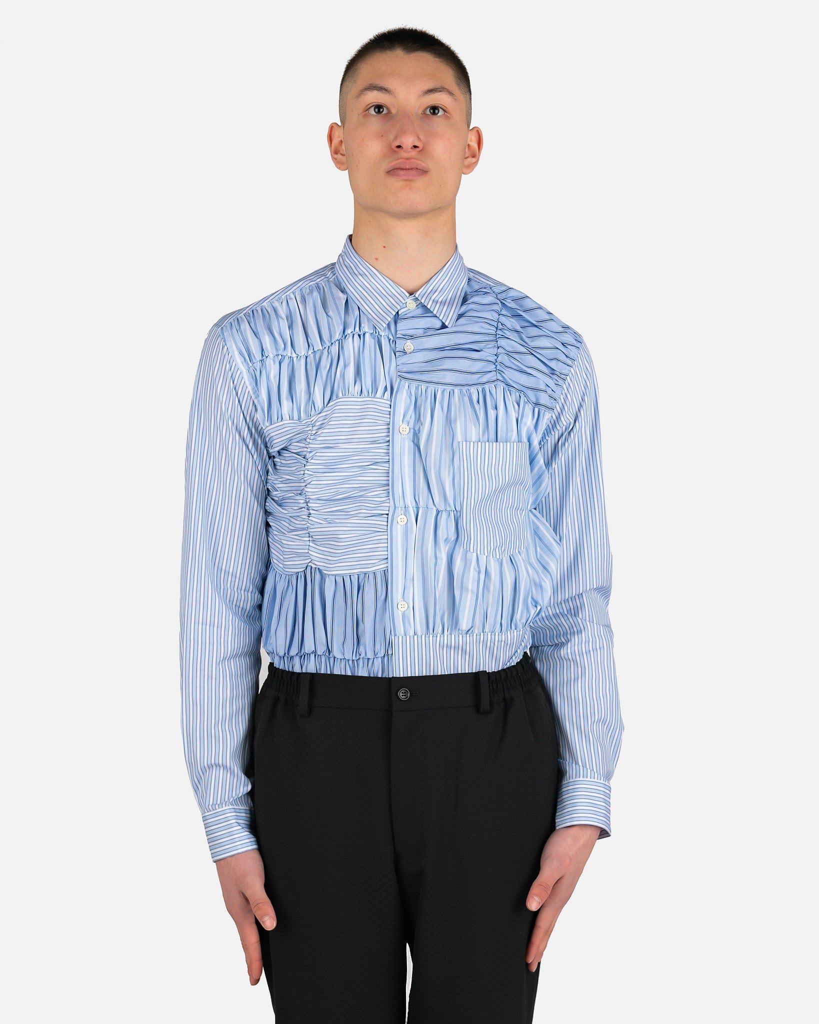 Striped Smocked-Detailed Shirt in Sax/White – SVRN