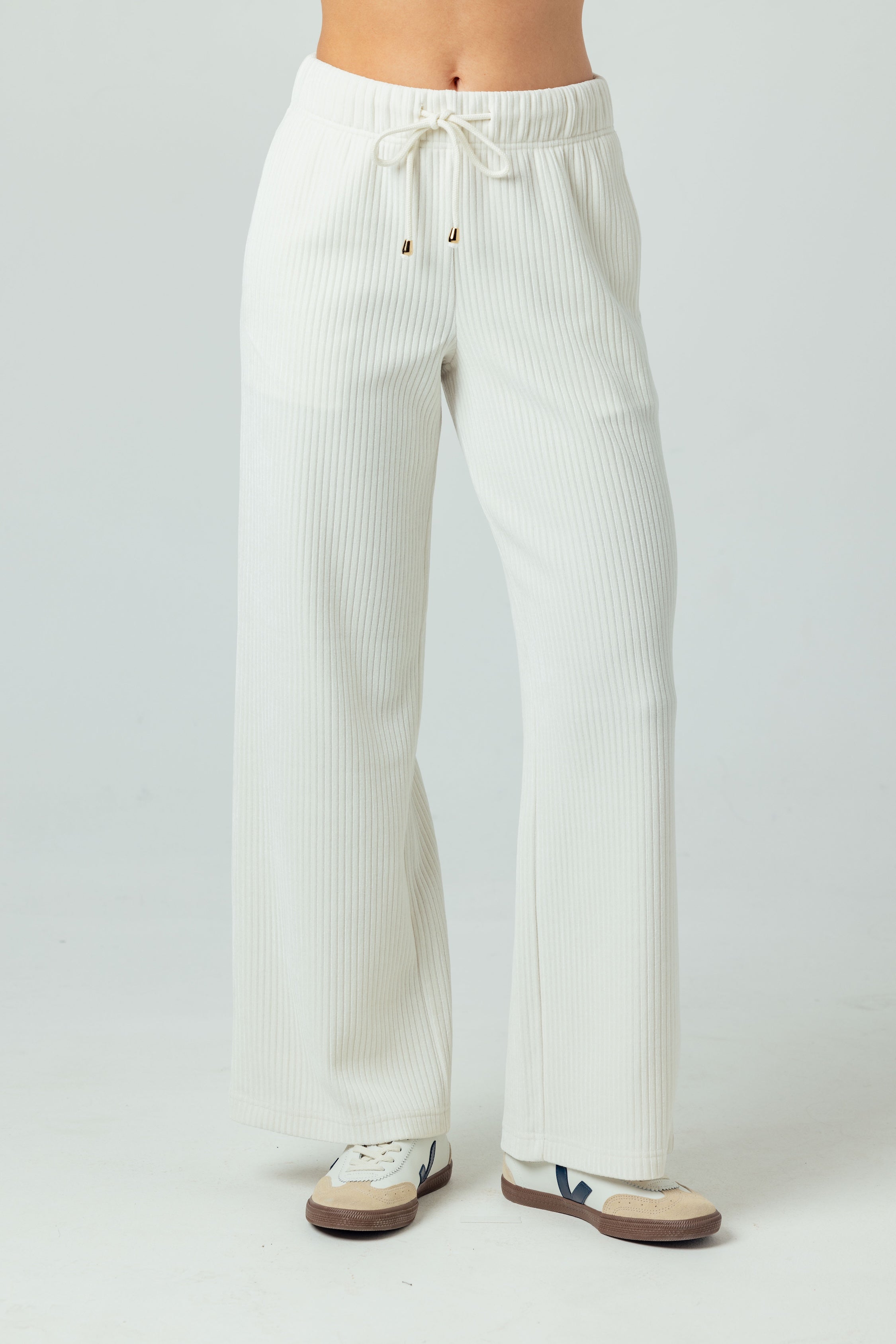 Edie Wide Leg Pants - Plush Rib Drawstring Pants with Pockets | We