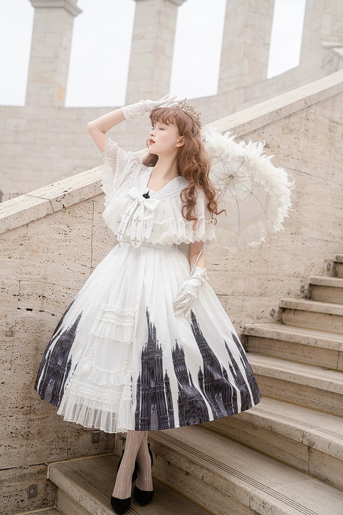 Gothic Lolita JSK Front Open Printed Dress and Thin Cardigan Set
