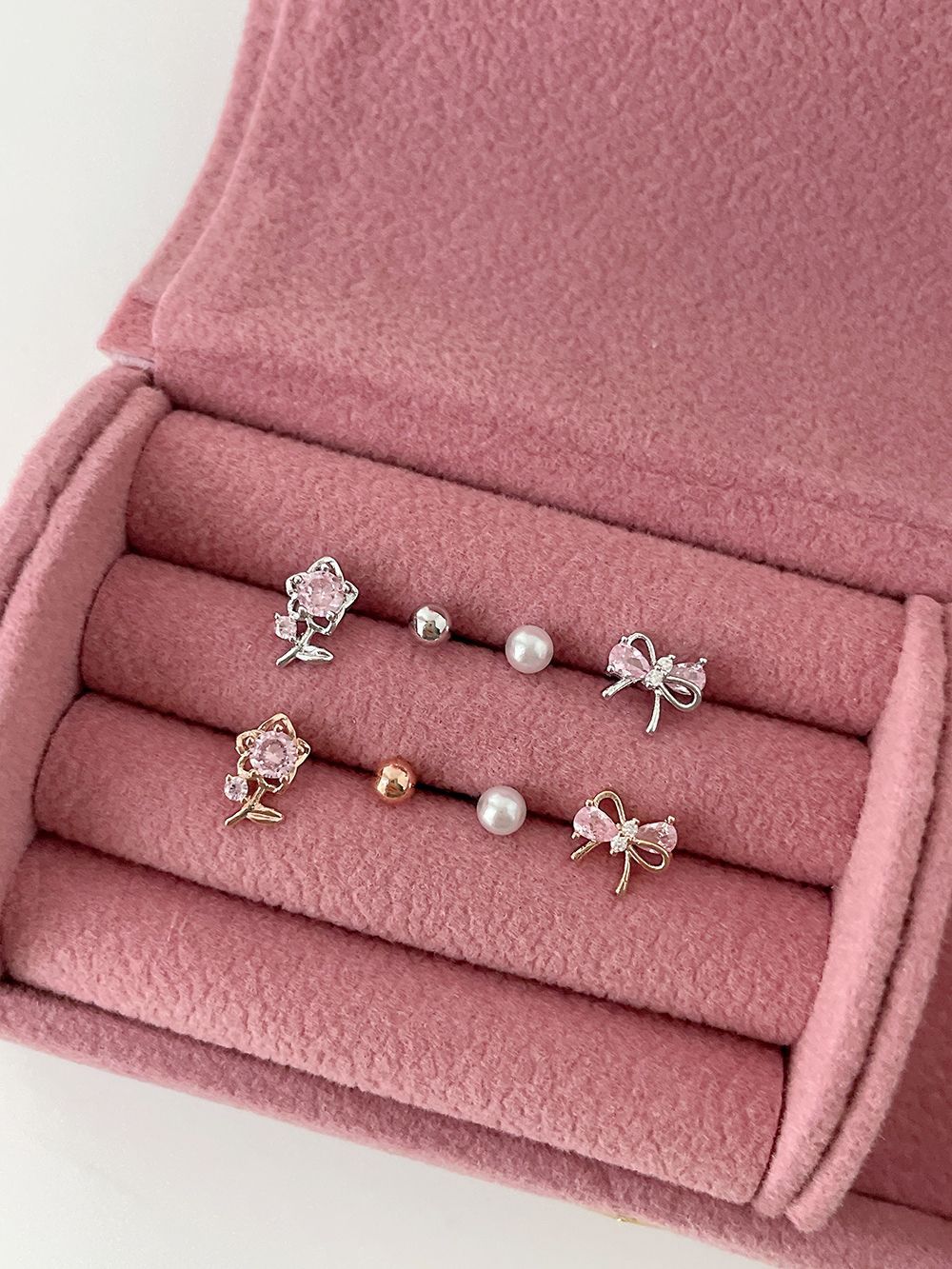 4個SET]ピンク フラワー キュービック 花 ピアスピアス セット (2Color
