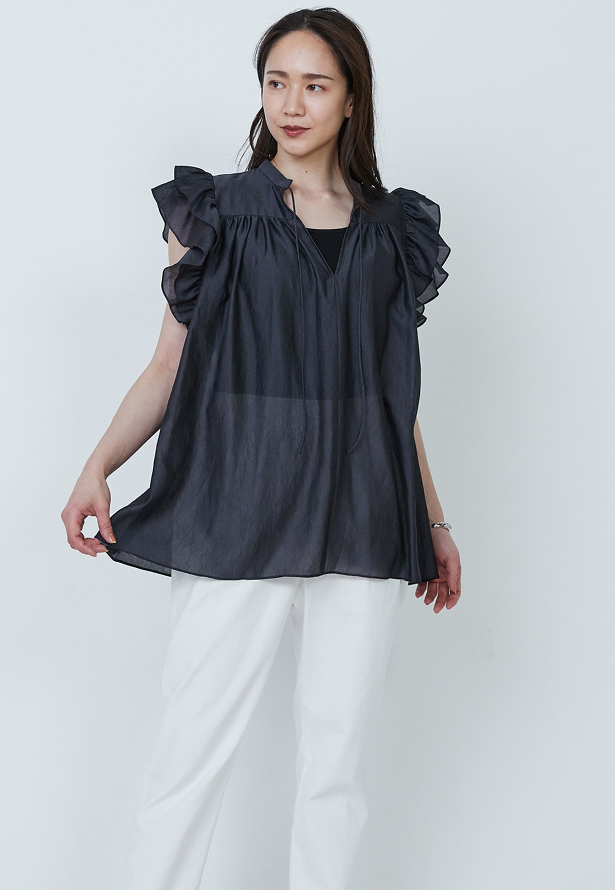 WEB限定】ワッシャーサテンフリルスリーブブラウス】｜1er