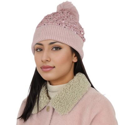 Anna-Kaci Sparkly Sequin Beanie Hat with Faux Fur Pom Pom Knit