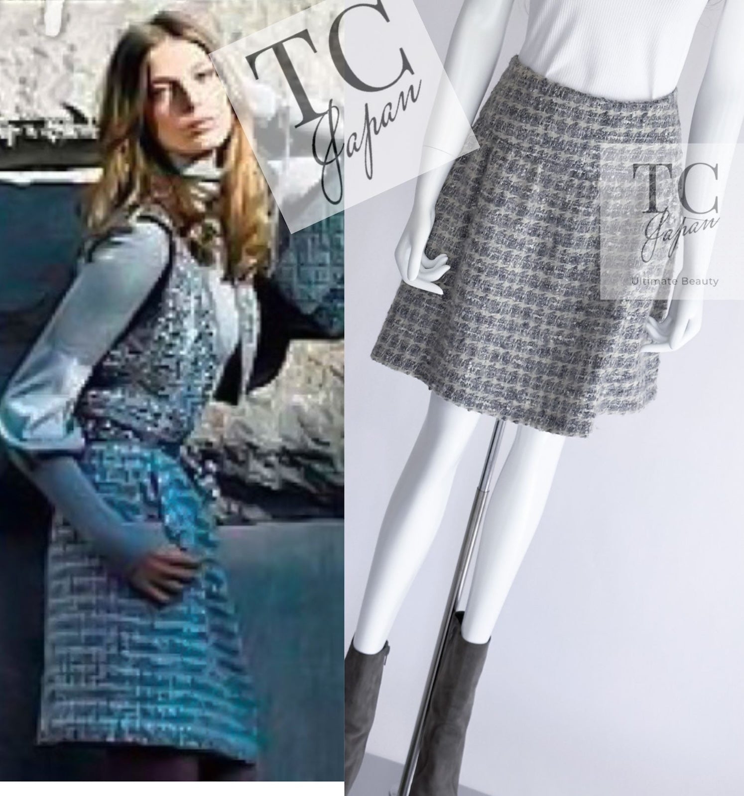 シャネル スカート CHANEL グレー シルバー ふんわり ウール カシミヤ