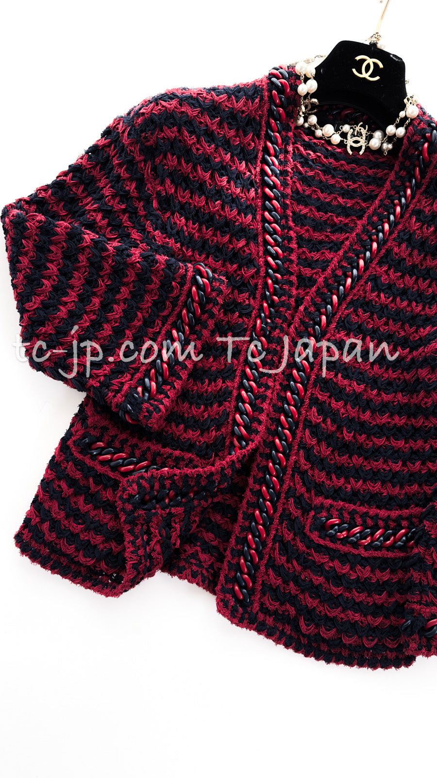 シャネル カーディガン CHANEL レッド ネイビー ストライプ チェーン