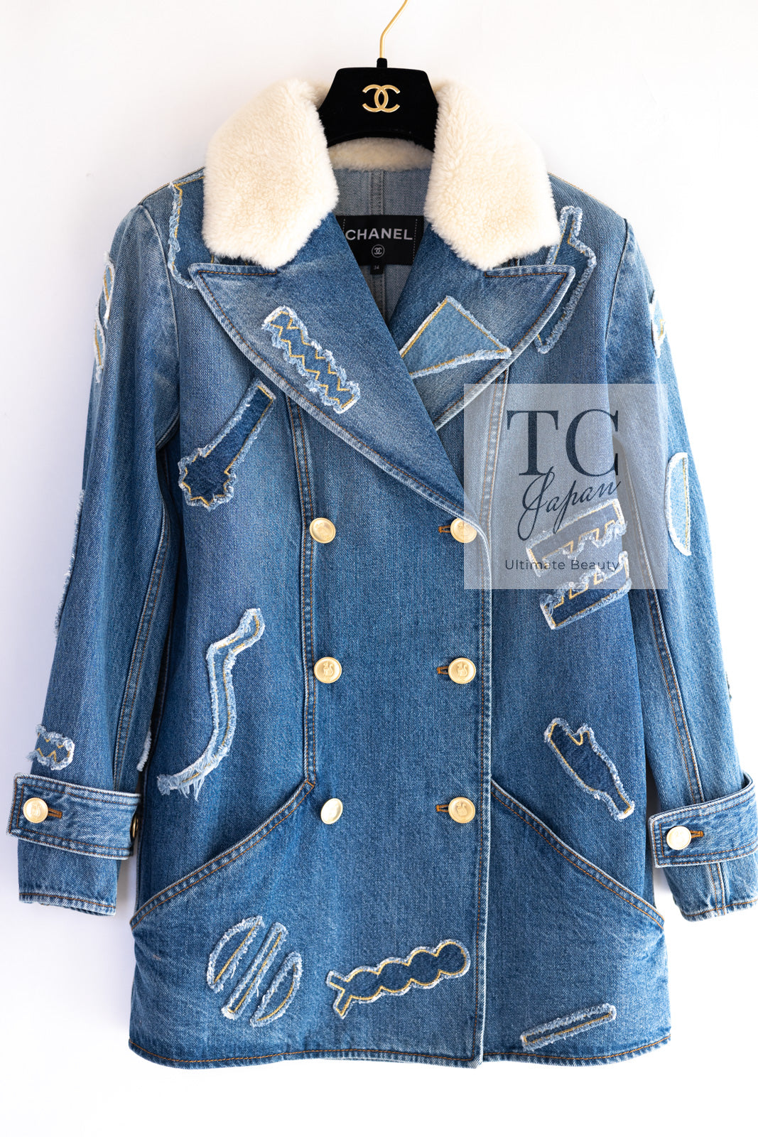 シャネル ジャケット コート CHANEL ブルー デニム ボア襟 19PF Blue