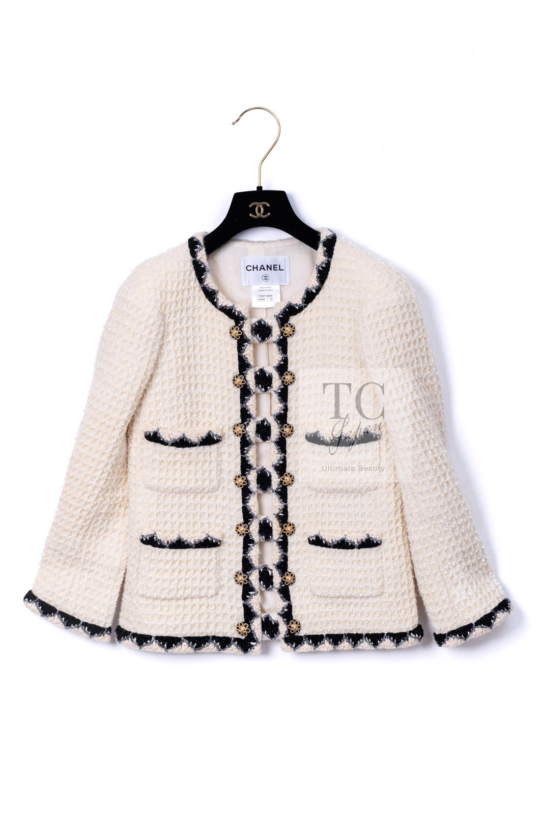シャネル ジャケット CHANEL クリーム ウール ノーカラー ツイード