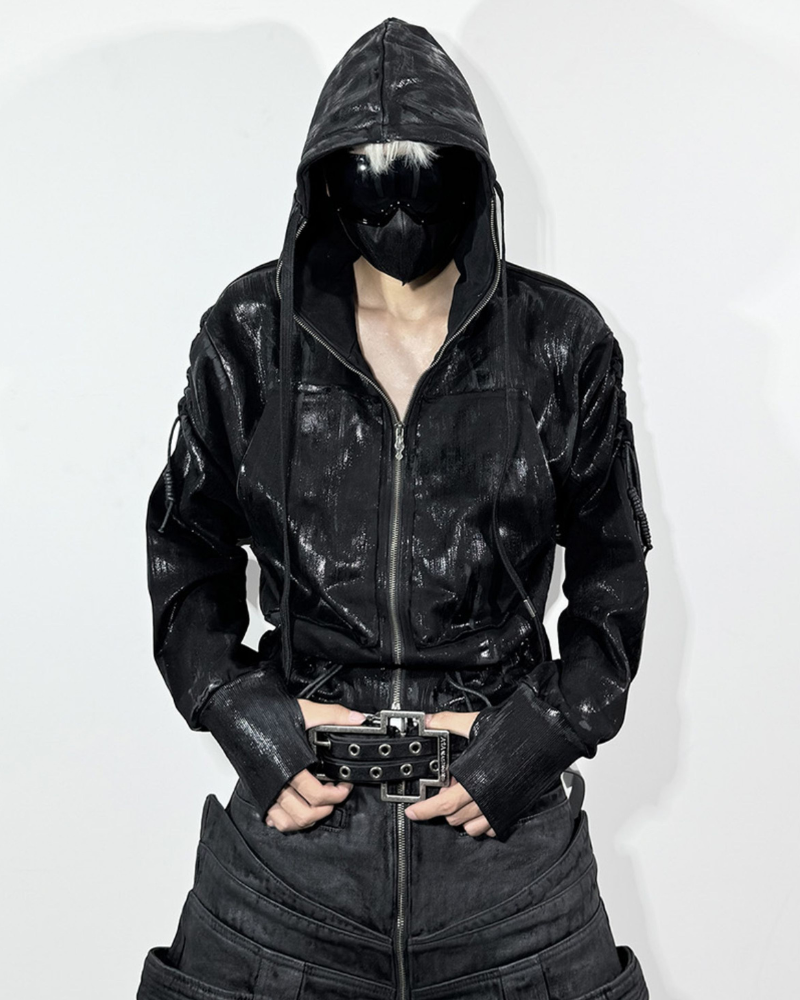 Opium Style Dark Waxed Metal–Effect Hooded Jacket – Techwear Official
