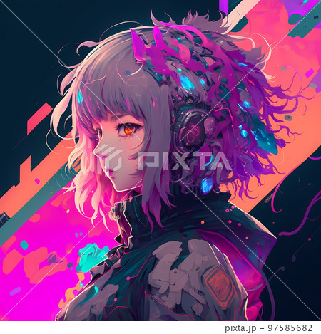 サイバーパンク風 ネオンカラーが美しい少女 アニメ風「AI生成画像」の