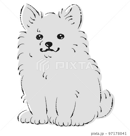 ポメチワのイラスト（ポメラニアンとチワワのミックス犬）白黒の