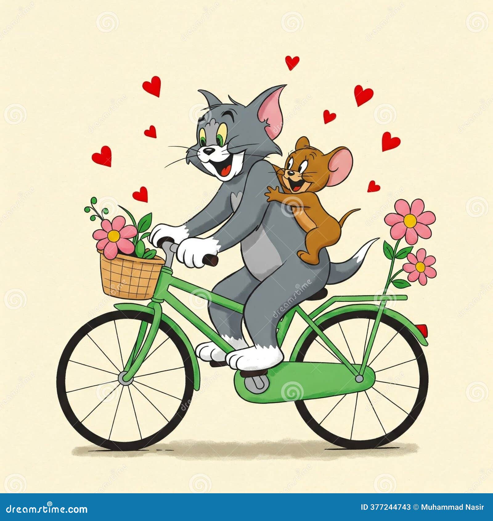 Tom and Jerry Riding a Bicycle Together Surrounded by Red Hearts