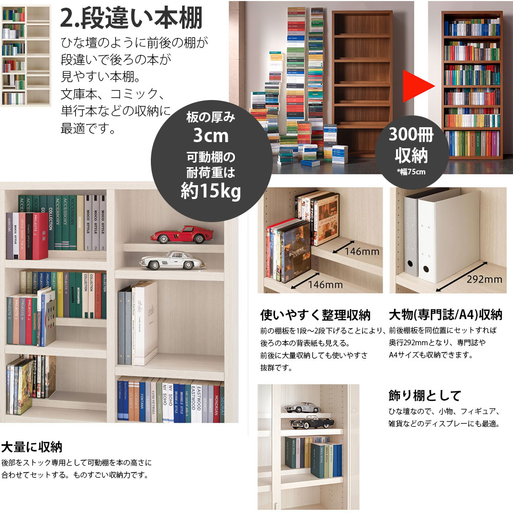 楽天市場】本棚 大容量 ハイタイプ 扉付き二段式 完成品 日本製 扉付き