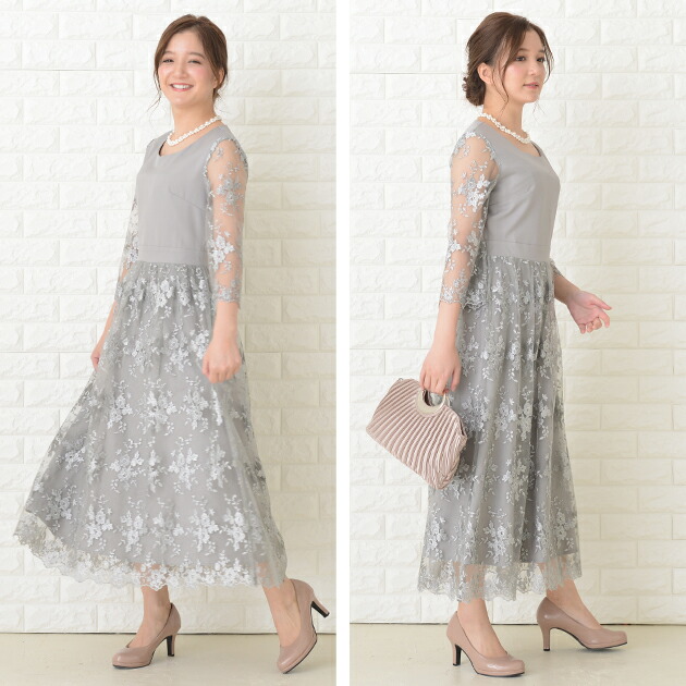 楽天市場】花柄シースルー袖 ロングドレス ブラック ネイビー グレー