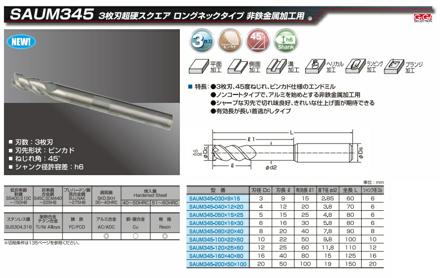 ギガ・セレクション 超硬エンドミル SAUM345-200 (3枚刃超硬スクエア