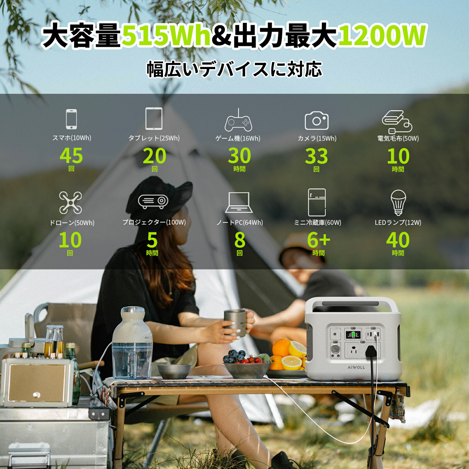 楽天市場】AIWOLL ポータブル電源 小型 600W 収納バッグ付 515Wh 大