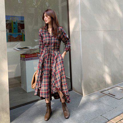 楽天市場】【取寄】ロングワンピース 長袖 秋 ロング チェック柄