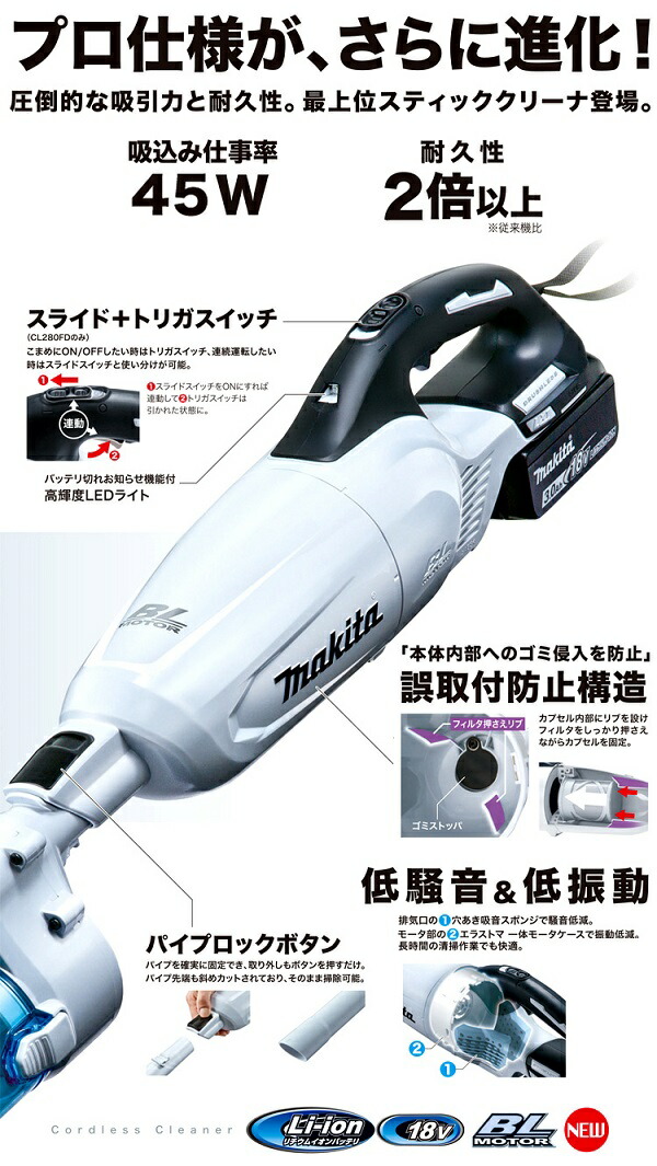 楽天市場】マキタ CL280FDZW 18V コードレス掃除機 カプセル式 充電式