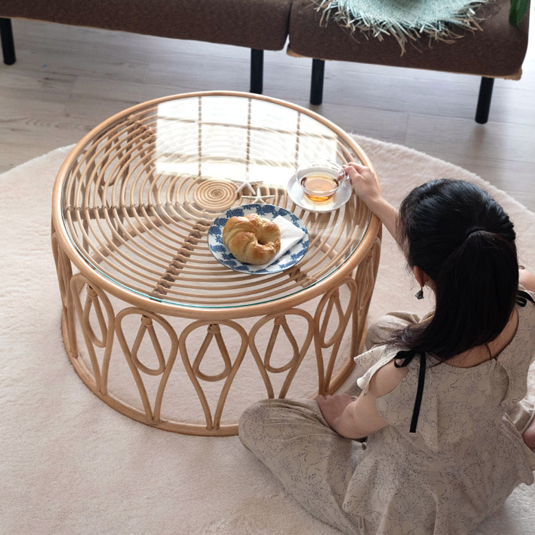 アジアン・バリ家具 木製ガラストップ円形テーブル アジアン・バリ家具
