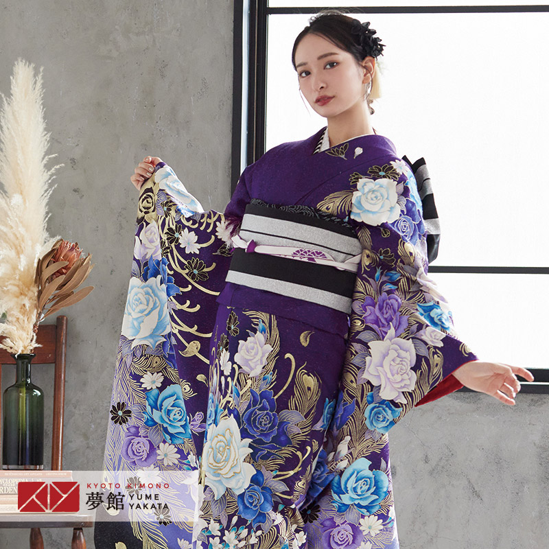 楽天市場】【成人式 振袖 レンタル】RS1086 正絹 紫 薔薇と孔雀の羽