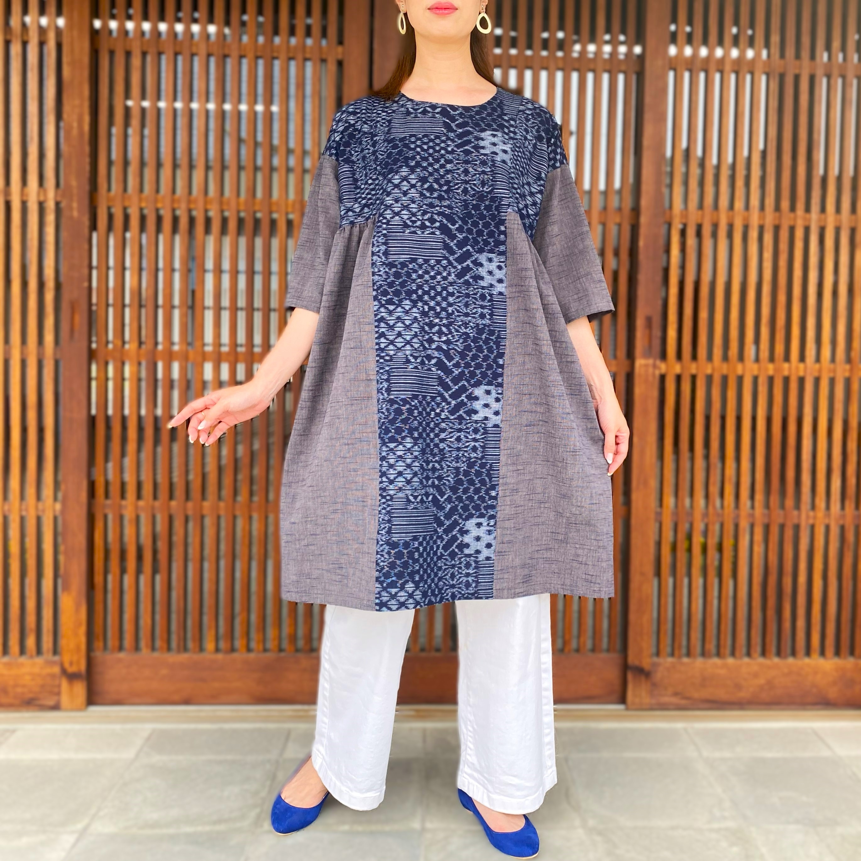 本藍刺し子 縞絣 絣木綿色々チュニック 古布リメイク 【公式通販】