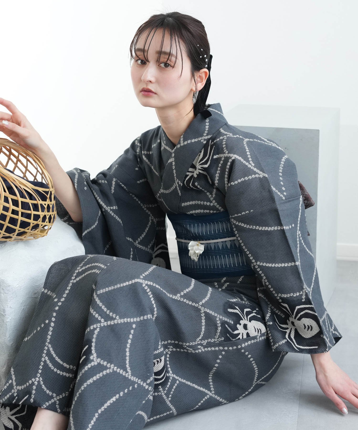 utatane｜浜松注染 日本製 浴衣3点セット 綿麻*刺し子 錆鼠に蜘蛛の巣
