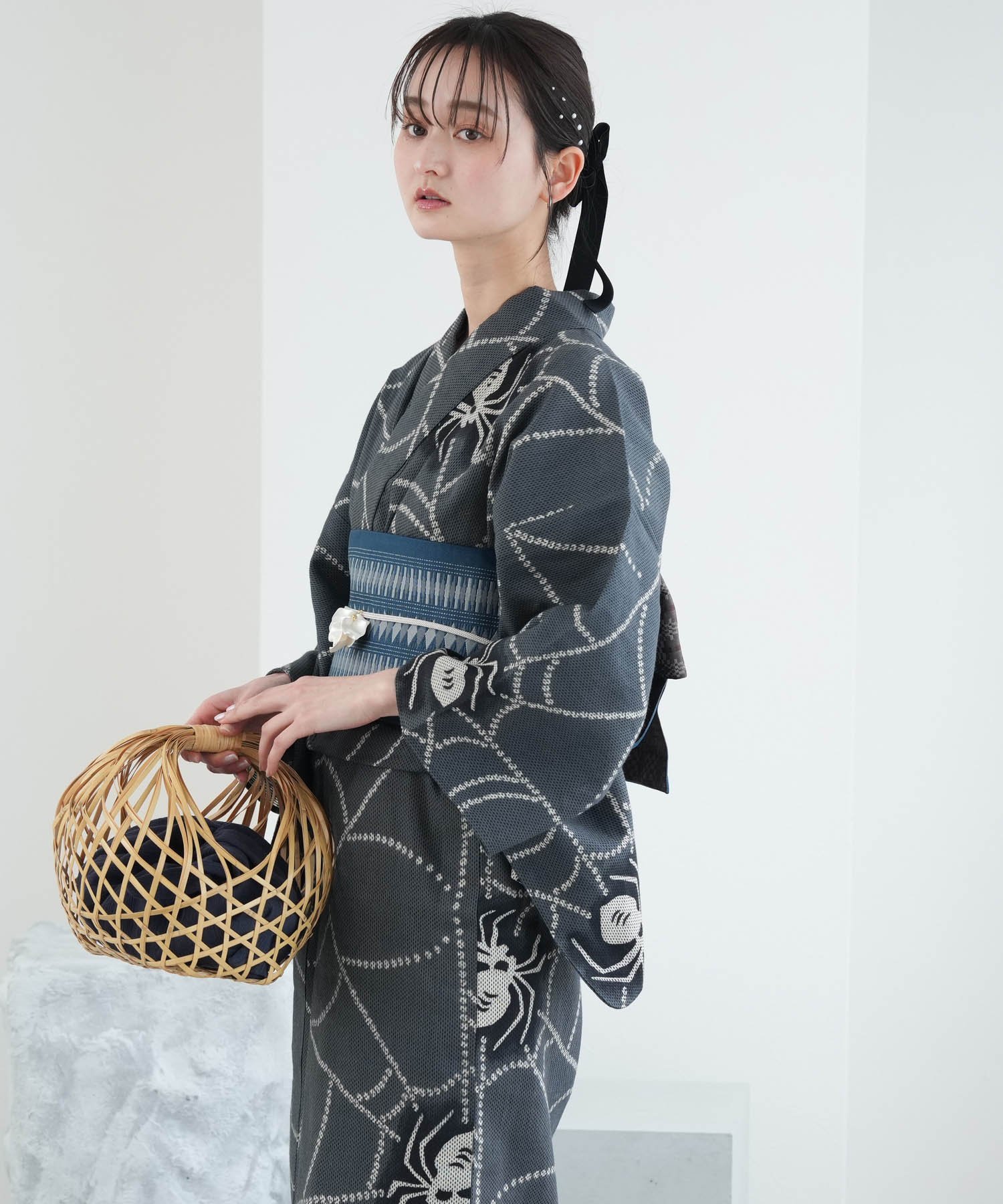 utatane｜浜松注染 日本製 浴衣3点セット 綿麻*刺し子 錆鼠に蜘蛛の巣
