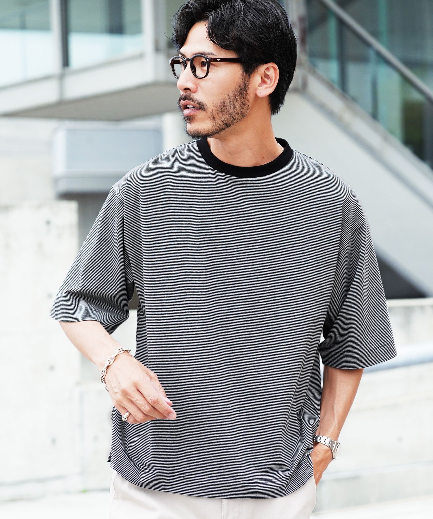 JIGGYS SHOP｜マイクロボーダー クルーネック 5分袖Tシャツ カットソー