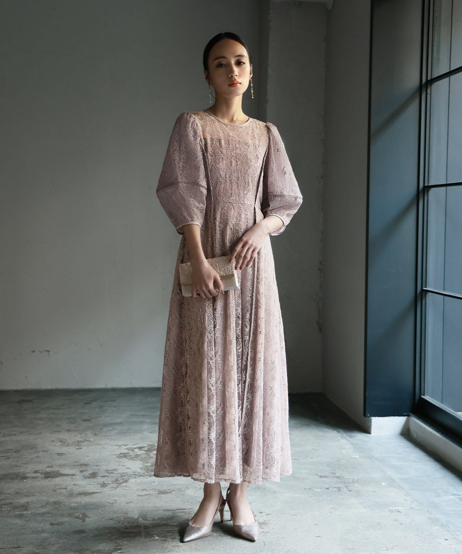 RIVER FIELD & Co.｜パフスリーブ総レースロング丈 結婚式 ワンピース