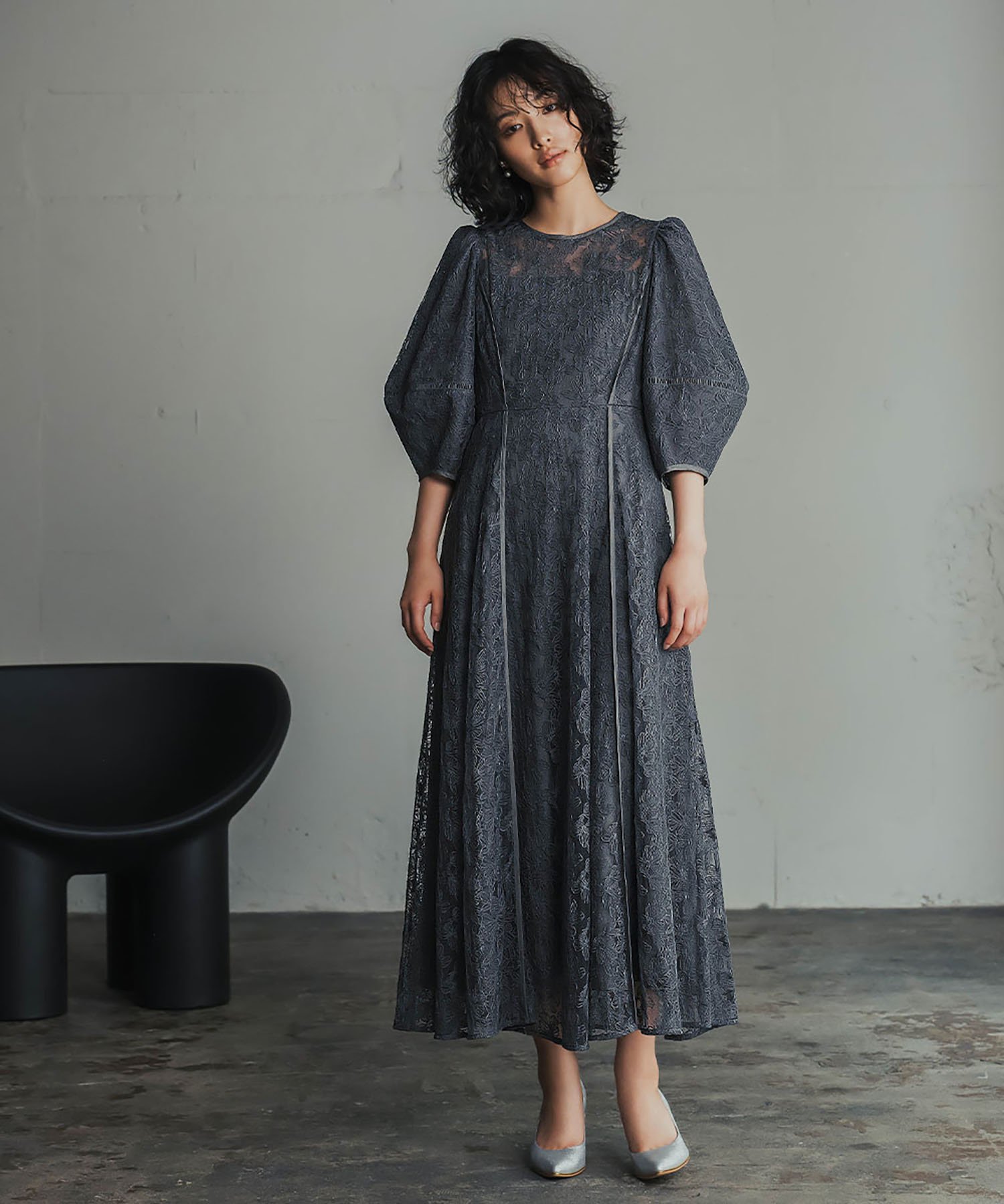 RIVER FIELD & Co.｜パフスリーブ総レースロング丈 結婚式 ワンピース