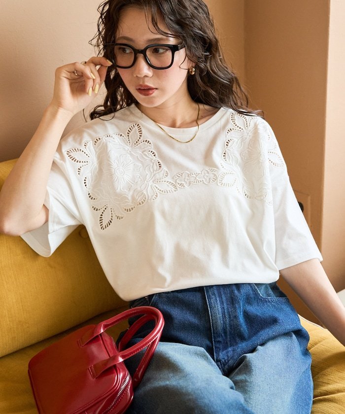 FREAK'S STORE｜花柄 カットワーク 刺繍 ルーズ 半袖 Tシャツ【限定