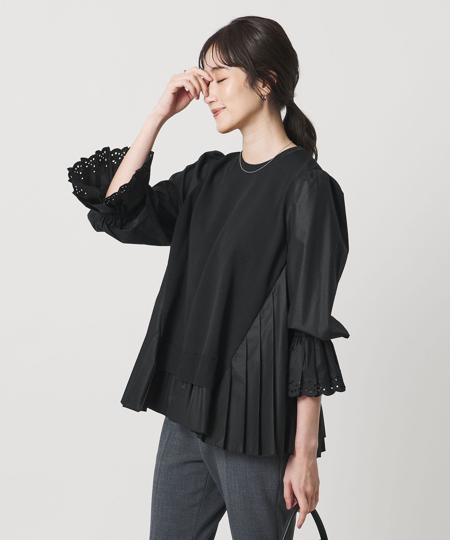 UNITED ARROWS｜プリーツ コンビ ニット ブラウス -ウォッシャブル