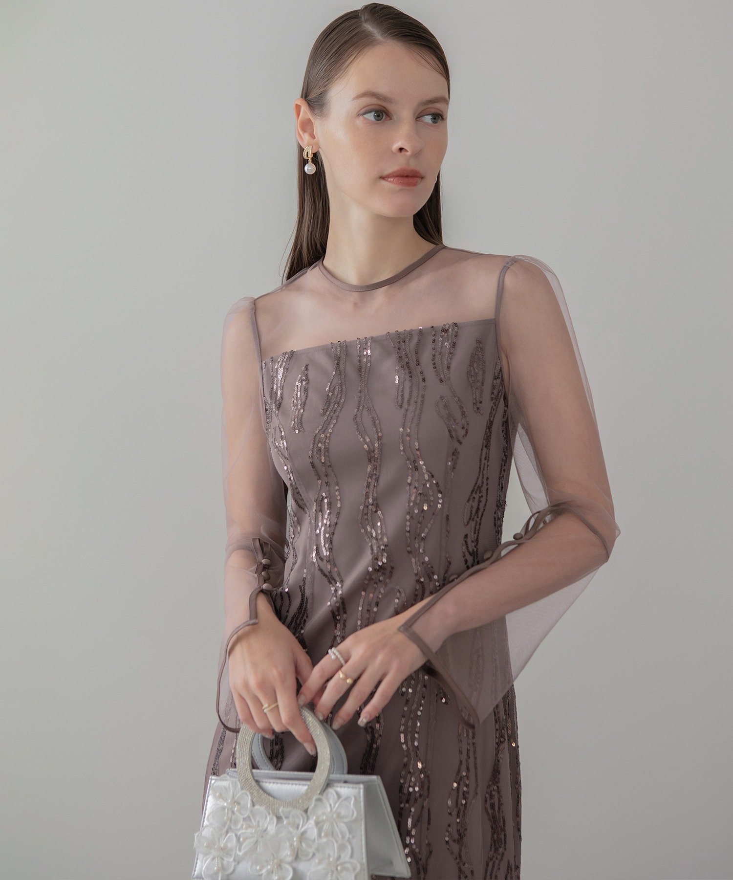 Leja｜Leja-シアーケープスパンコールIラインワンピースドレス結婚式
