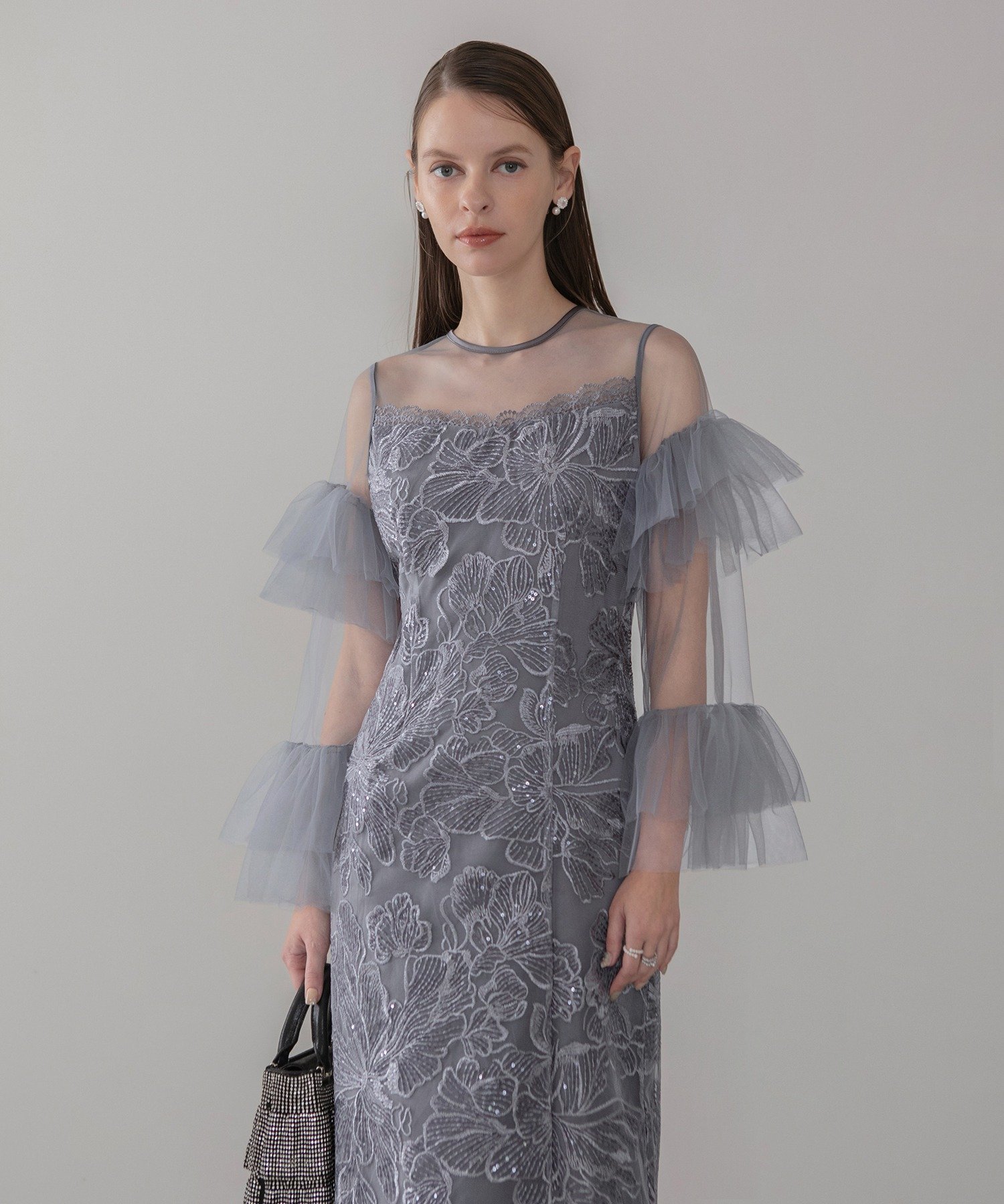 Leja｜Leja-フリルチュールスリーブレースIラインワンピースドレス結婚