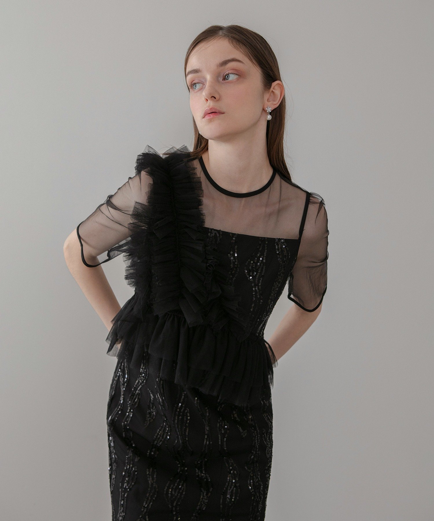 Leja｜Leja-アシンメトリーフリルチュールIラインワンピースドレス結婚