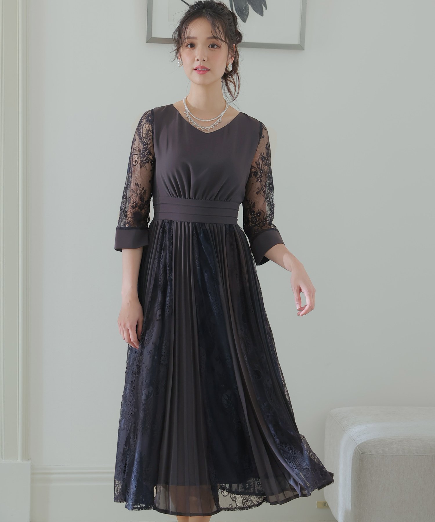 PourVous｜プリーツフレアワンピース結婚式オケージョンドレス同窓会