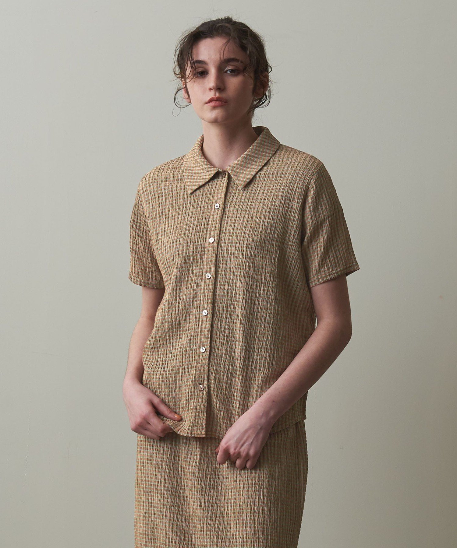 steven alan クレープ チェック ハーフスリーブ シャツ