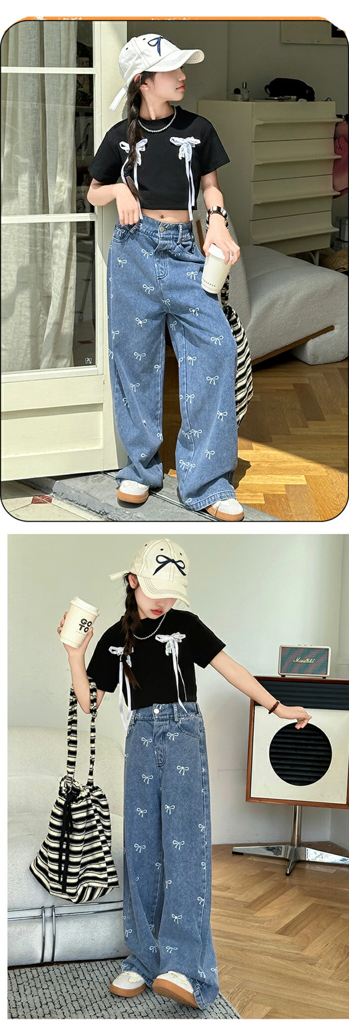楽天市場】デニム パンツ キッズ ダンス 衣装 ワイドパンツ リボン柄