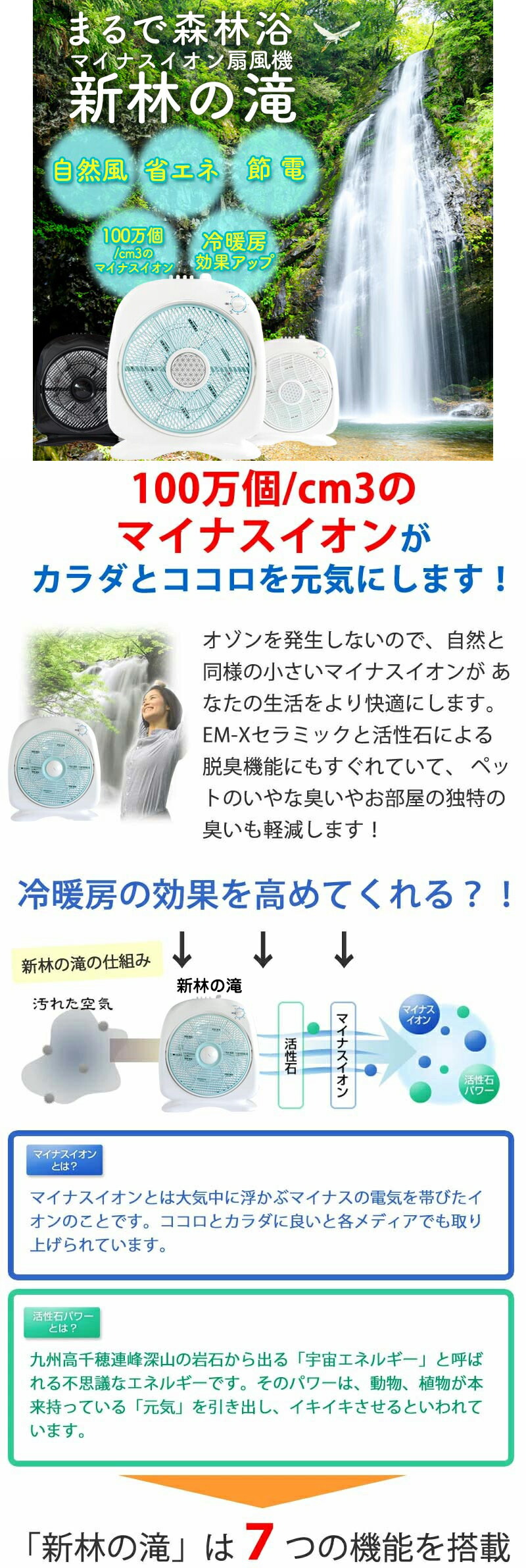 楽天市場】マイナスイオン扇風機 『新林の滝（森林の滝）』 ブルー PR