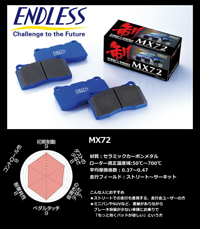 楽天市場】[EP291] ENDLESS MX72 リア ブレーキパッド トヨタ トヨタ86