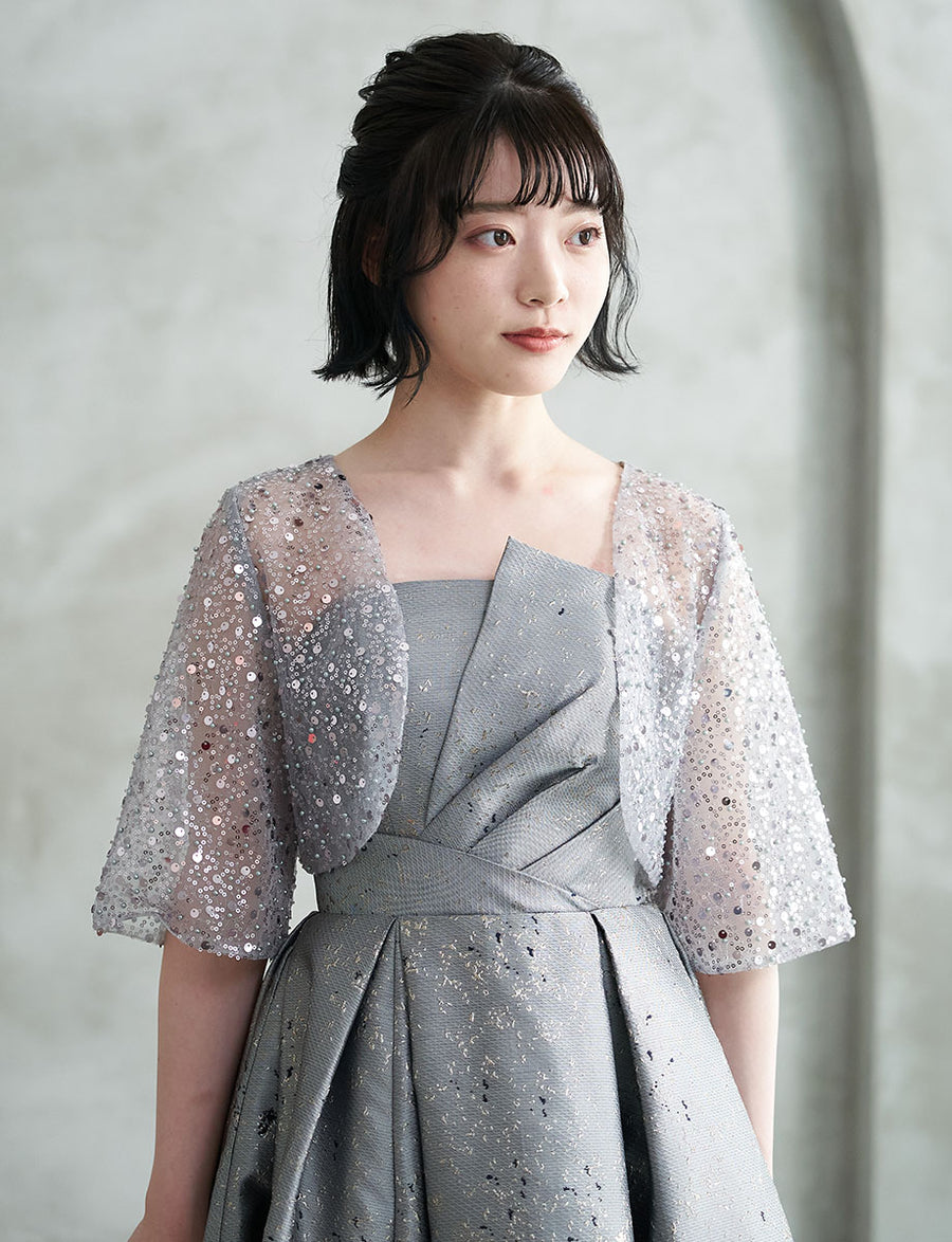 スパンコールチュールレース 筒袖ミディアムボレロ シルバー（M-XL