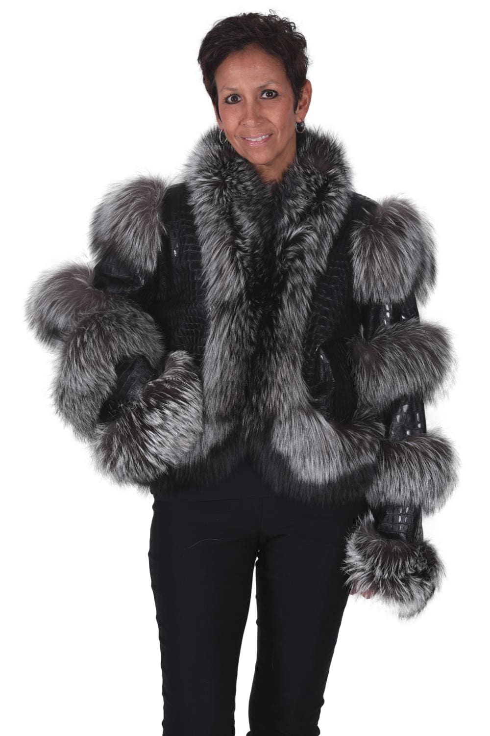 Black Crocodile Design Lamb Leather 20″ Jacket with Natural Silver