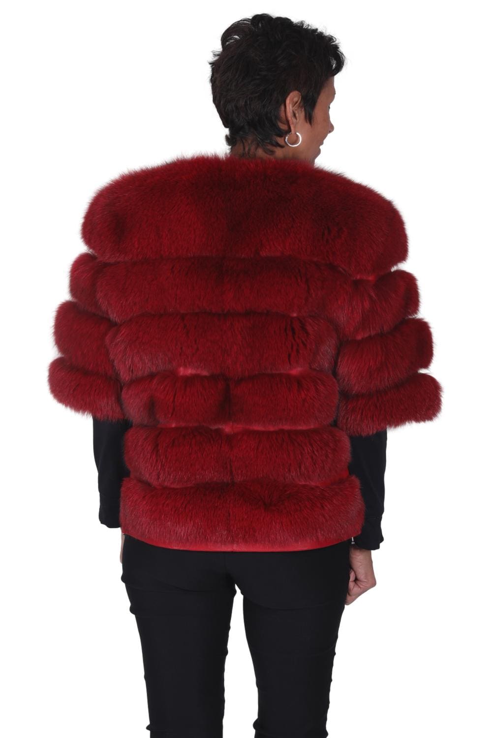 Red dyed Horizontal Design 24” Fox Fur Zip Jacket with Lamb