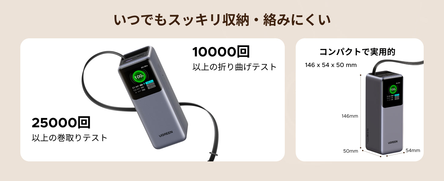 UGREEN Nexode 巻き取り式 USB-Cケーブル内蔵 モバイルバッテリー