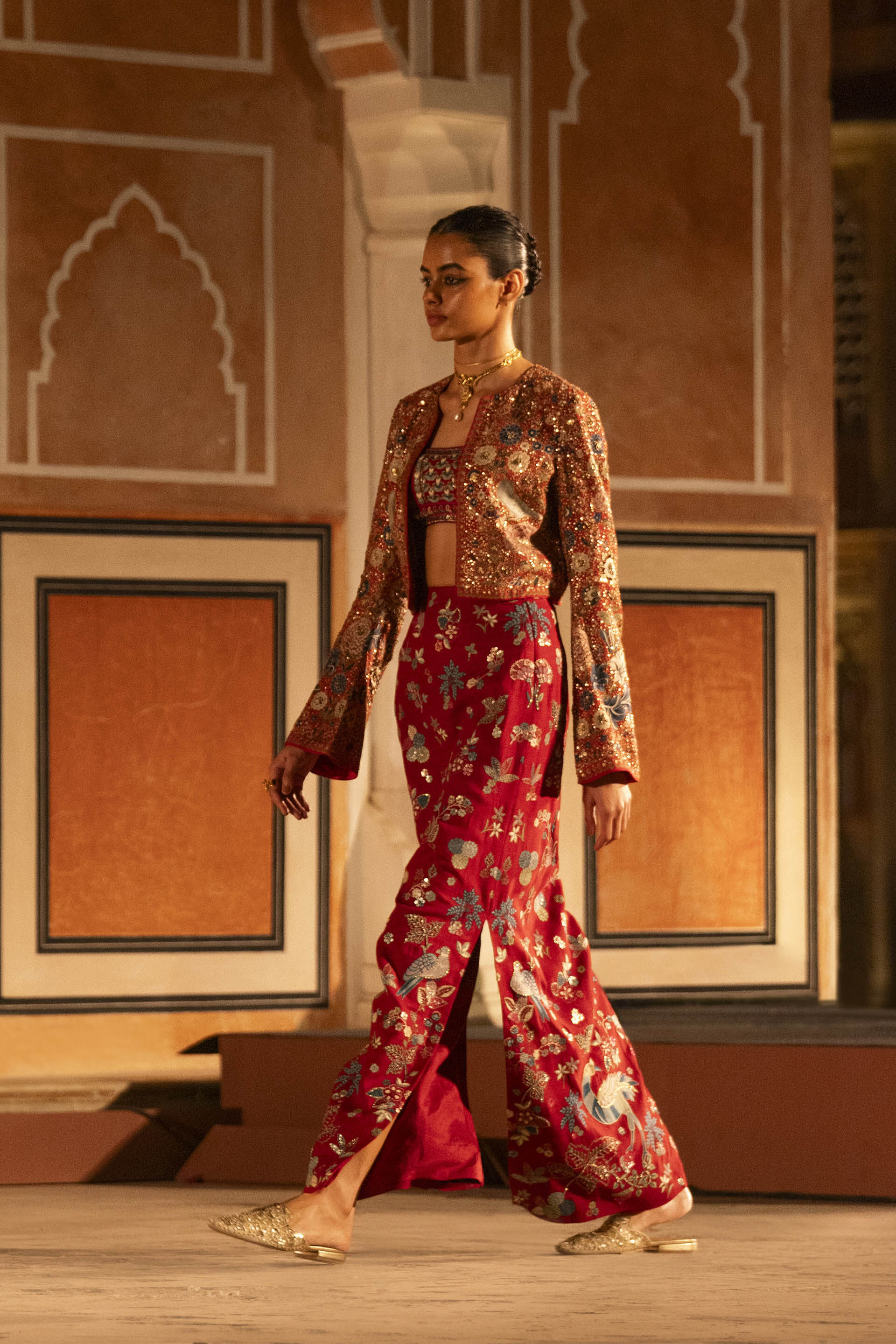 Buy Designer Flame Of The Forest Embroidered Zardozi Silk Skirt