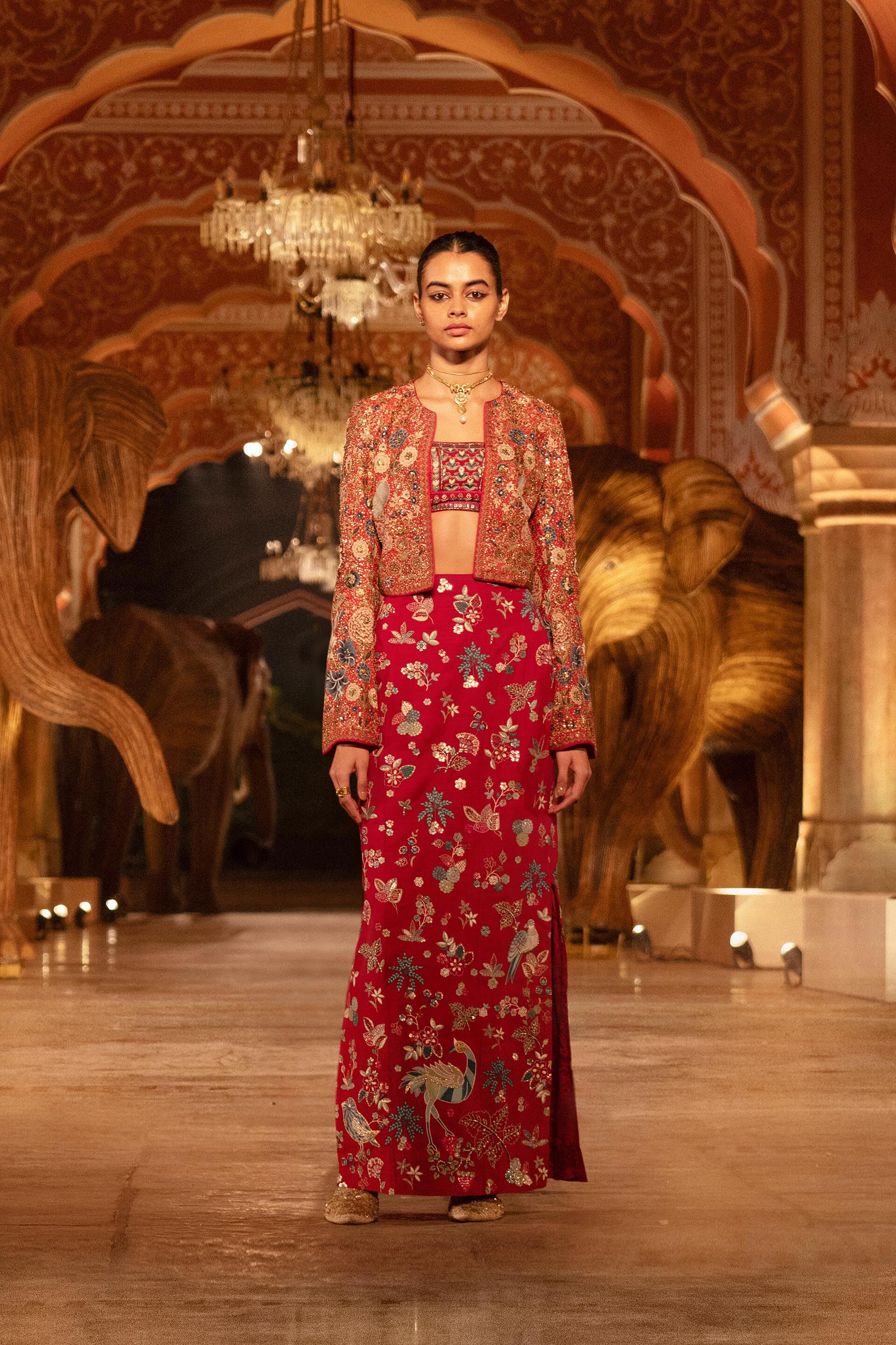 Buy Designer Flame Of The Forest Embroidered Zardozi Silk Skirt
