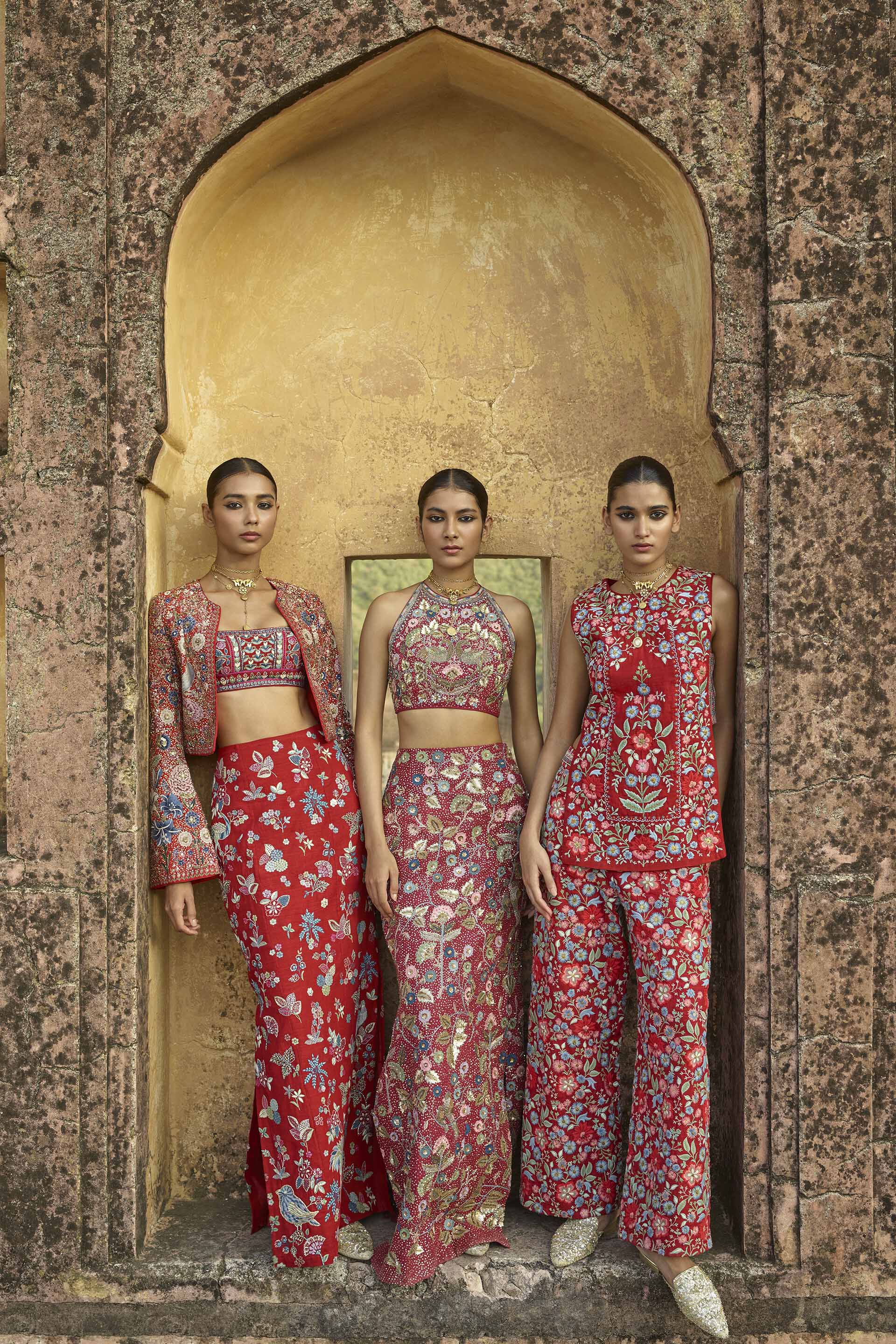 Buy Designer Flame Of The Forest Embroidered Zardozi Silk Skirt