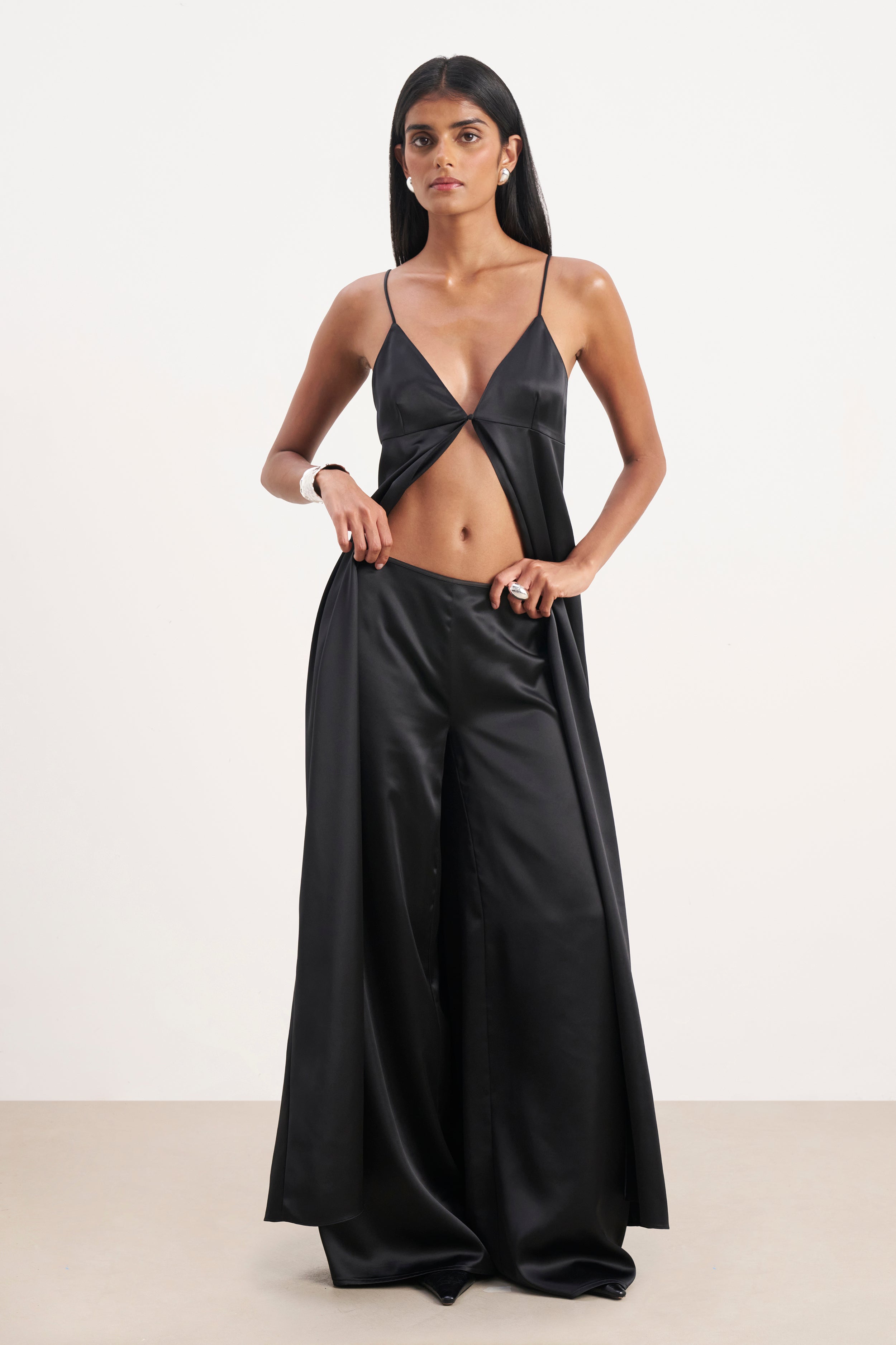 Satin V Neck Longline Camisole - Black | BOA US