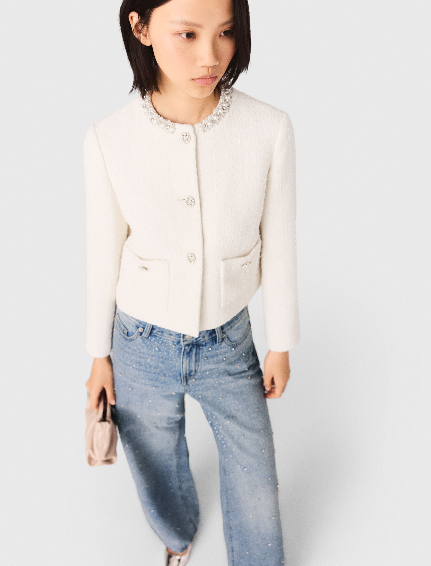 Tweed jacket with pearl trim White For Women | Maje