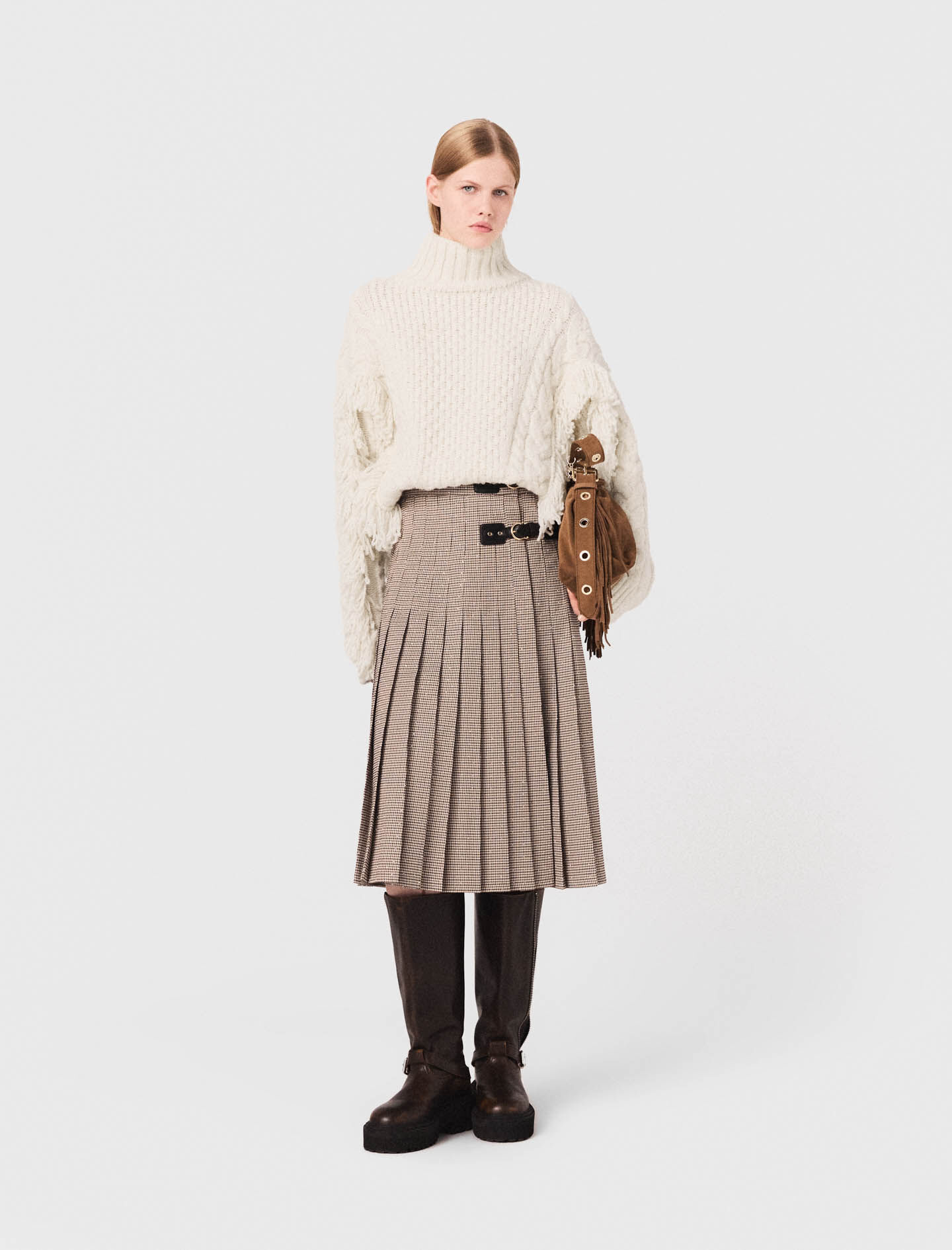 Pleated checked midi skirt Brown For Women | Maje