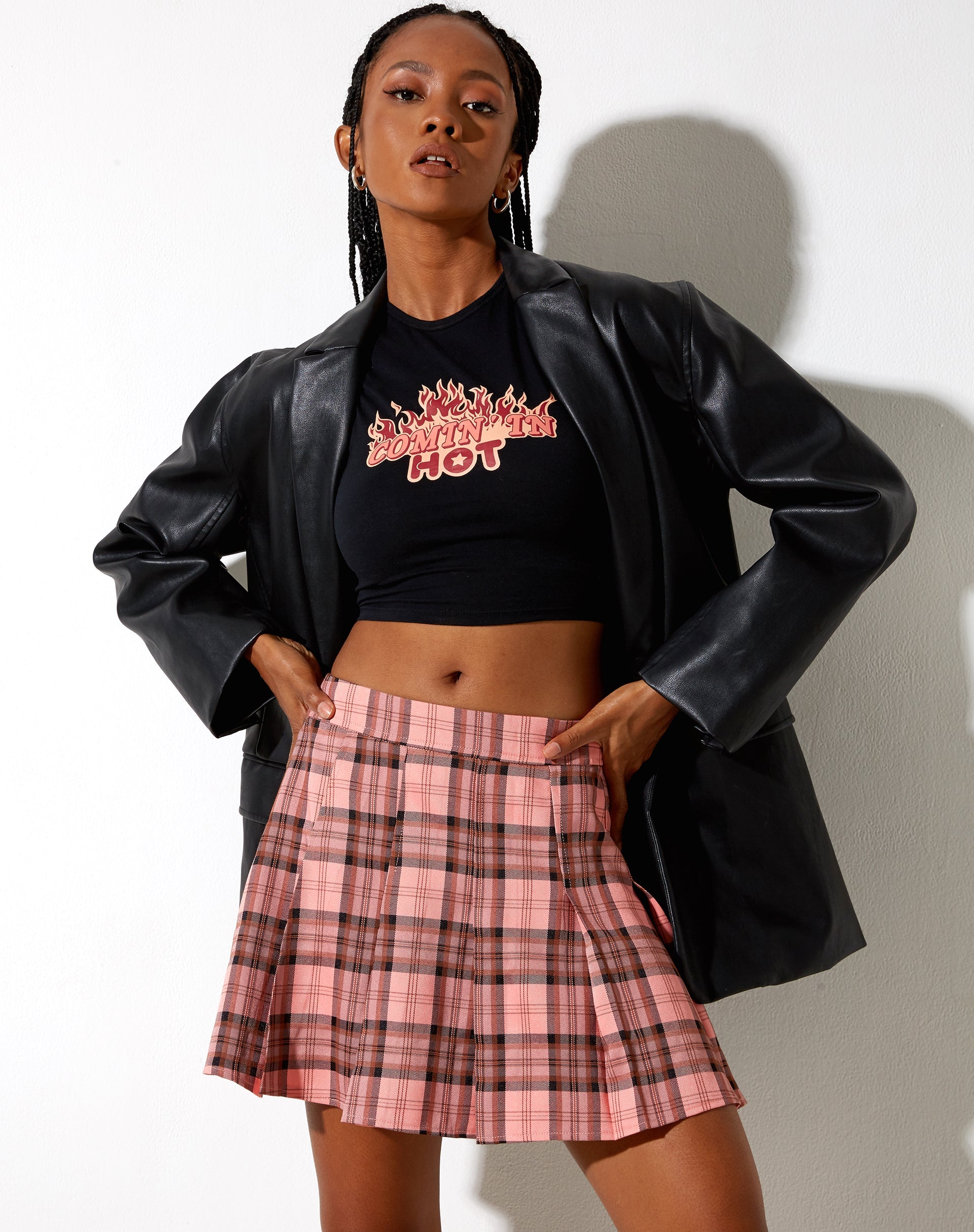 High Waisted Long Pleated Pink and Brown Check Mini Skirt | Carga