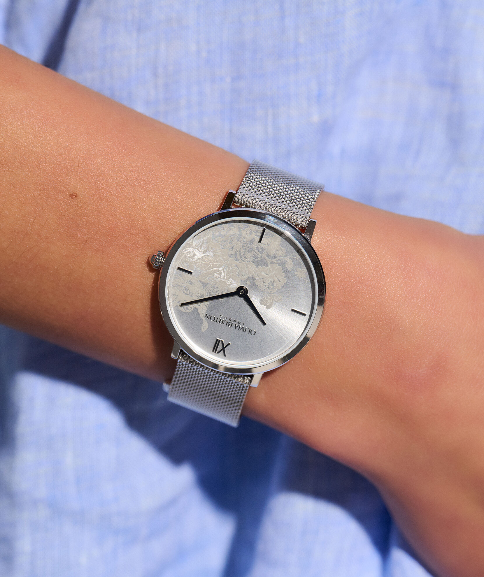Signature 35mm Floral Blooms Ultra Slim Silver Mesh Watch | Olivia